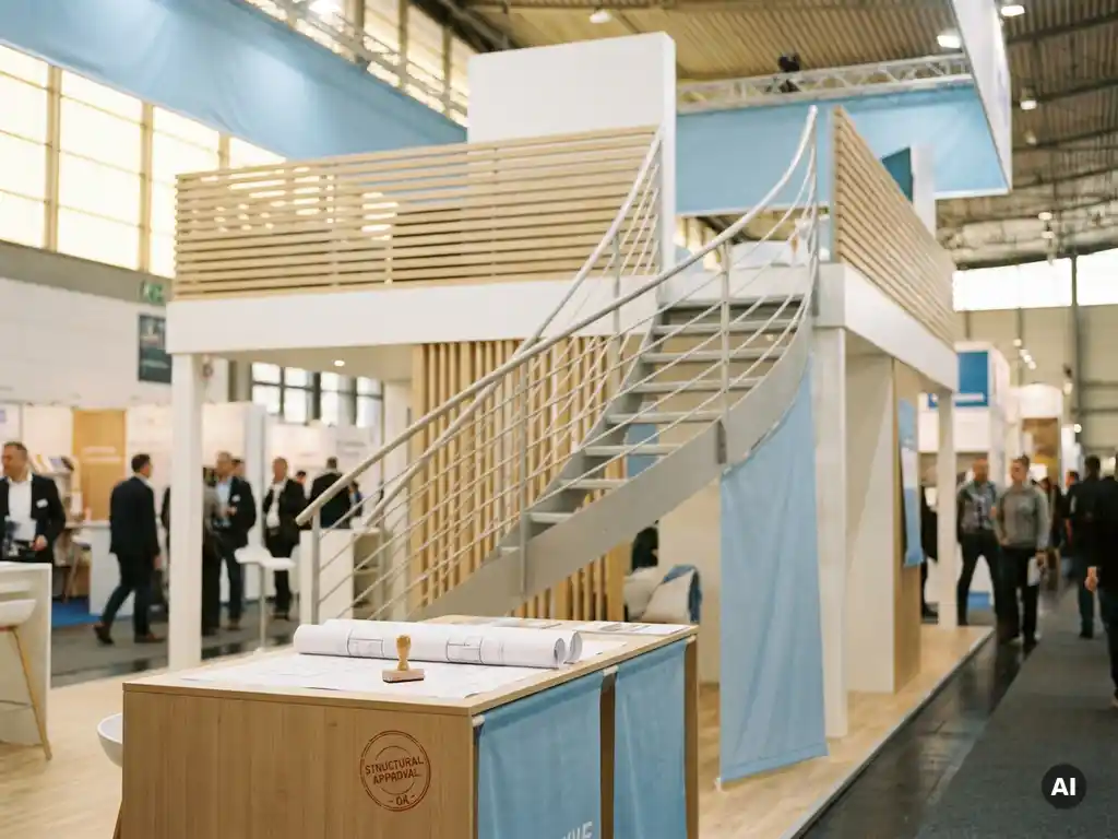 Zweistöckiger Messestand mit offener Treppe, Architektenplänen auf dem Tresen und heller Messehalle im Hintergrund.