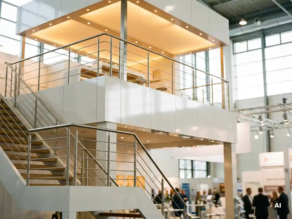 Zweistöckiger Messestand mit weißen Paneelen und offener Treppe, warmem Goldlicht im Obergeschoss und hellem Ausstellungshallenambiente.