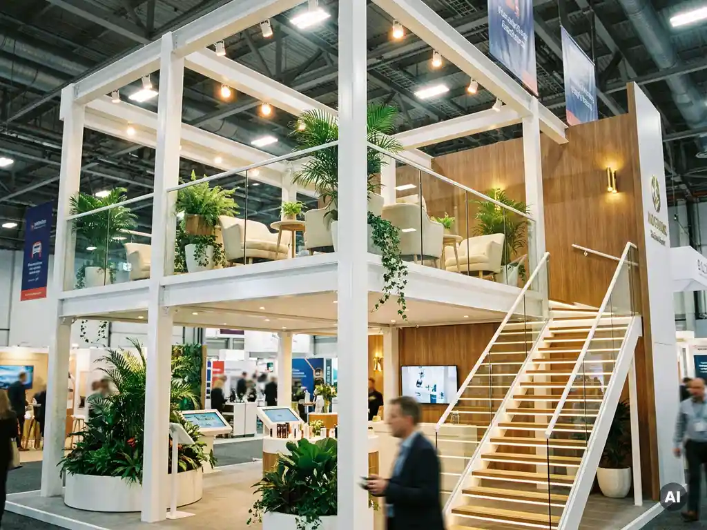 Zweistöckiger Messestand mit weißen Stahlträgern, Glasgeländer, offener Treppe, Holzakzenten und grünen Pflanzen in belebter Messehalle.
