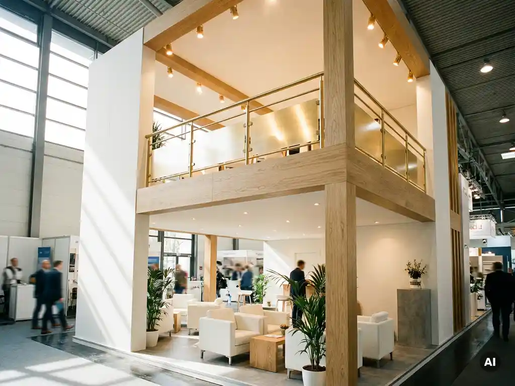 Zweistöckiger Messestand mit weißen Wänden, hellem Holz und goldenen Akzenten in einer modernen Messehalle.